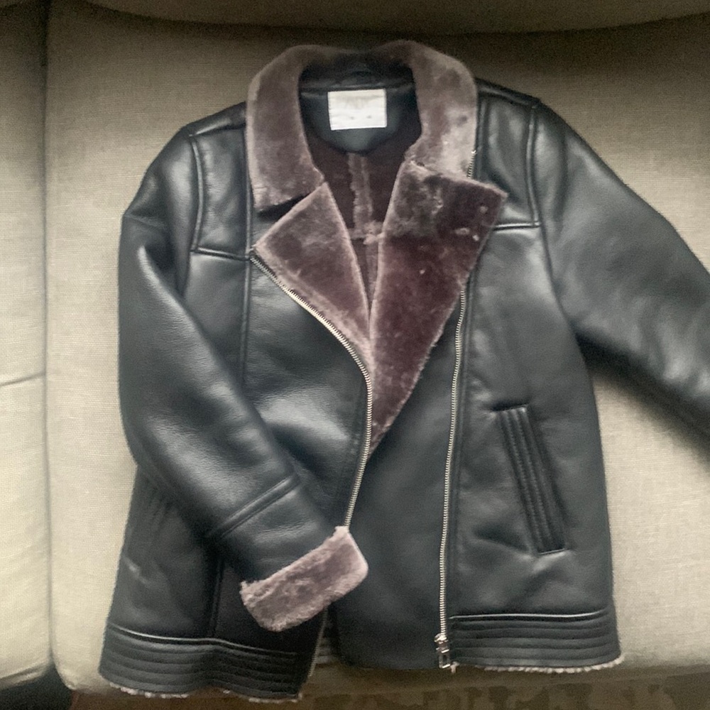 Zara girls biker faux shearling jacket size 10